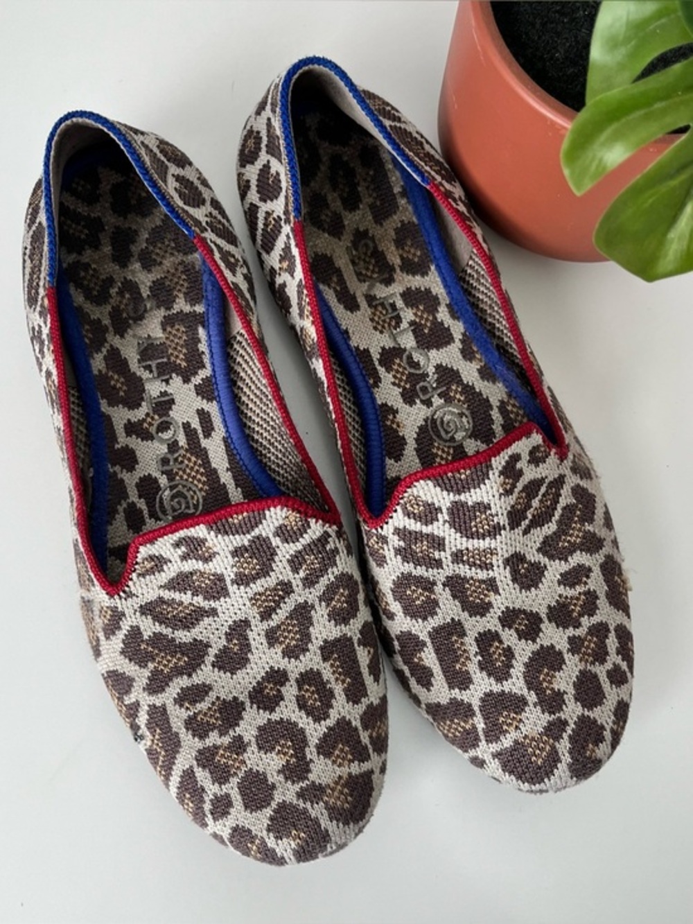 Rothy’s The Loafer Mocha Spot Leopard Print Red Stripe Casual Everyday Flats